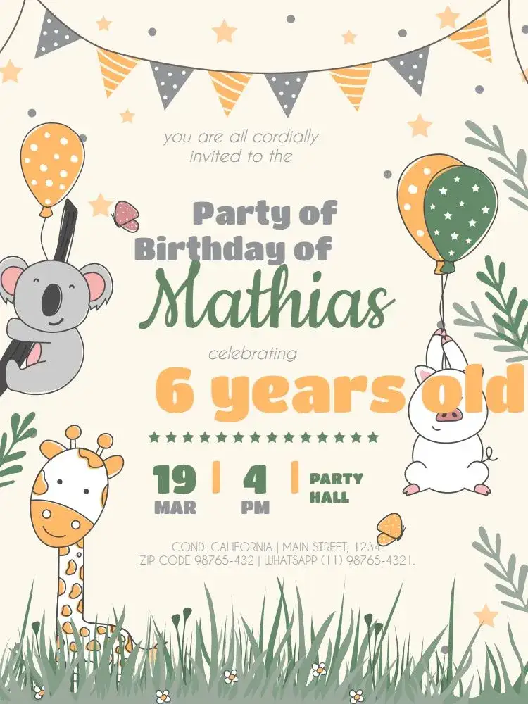 Invitation 6 Years Playful Pig – Kids' Birthday Party theme colorful, playful, animals, joyful party, children's theme, fun-loving