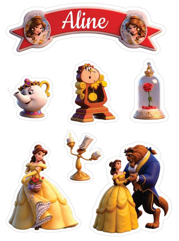 Invitation Beauty and the Beast 3D – Cake topper theme vibrant colors, playful style, fairy tale elements, 3D design, colorful illustrations