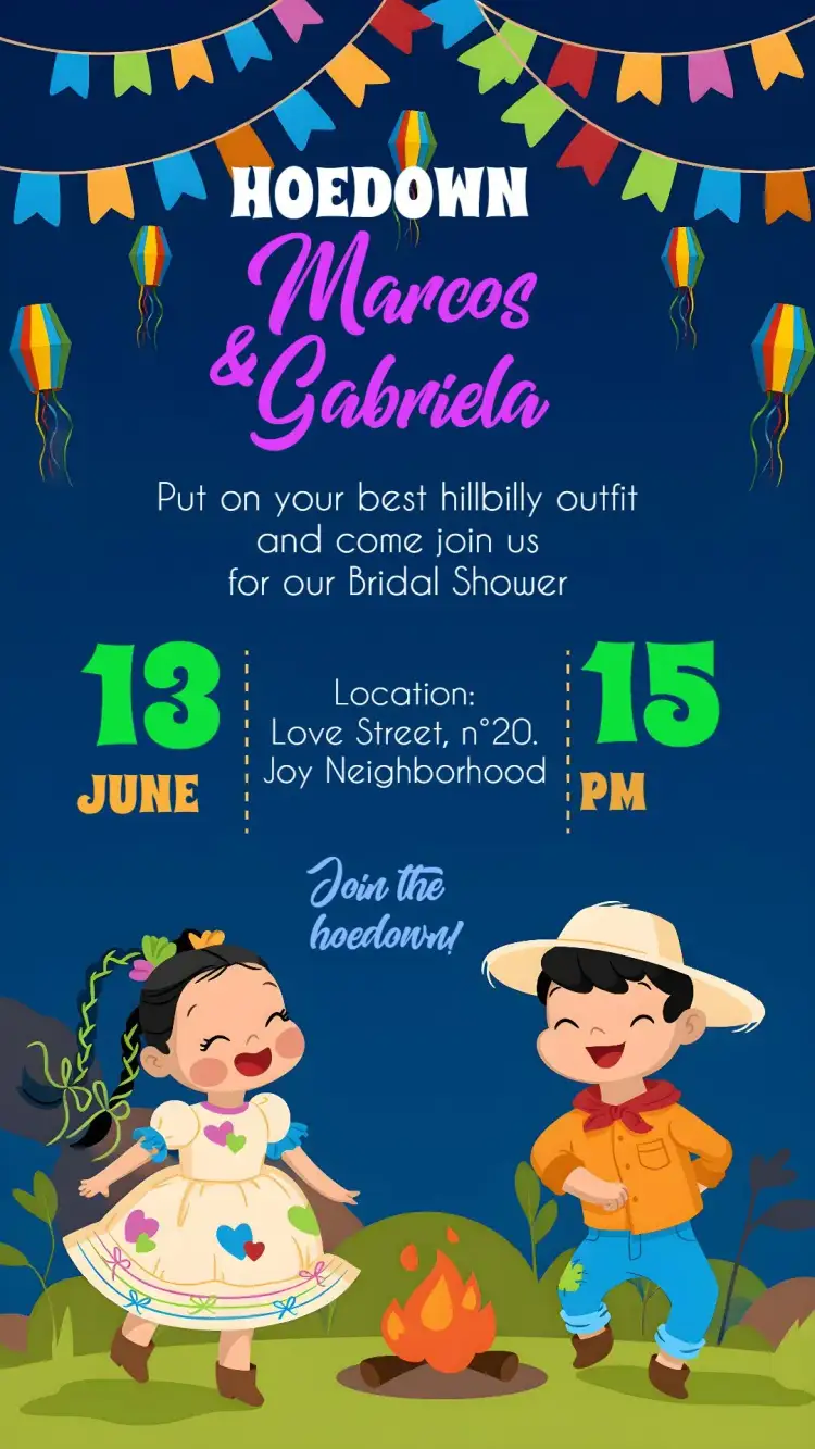 Invitation Yellow Junina Hoedown – Bridal Shower theme junina, colorful, vintage, festive, rustic, cheerful