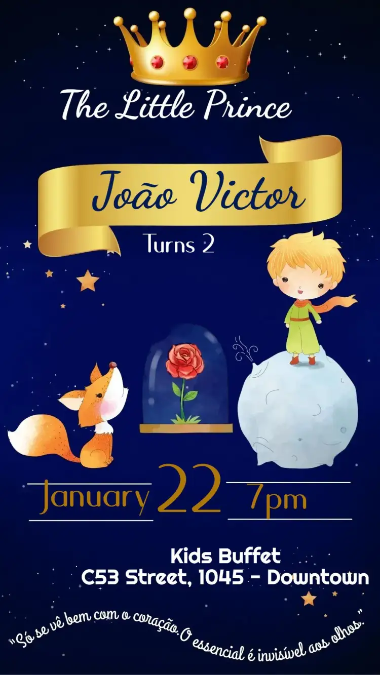 Invitation The Little Prince – Kids' Birthday Party theme delicate illustrations, pastel colors, playful style, fantasy elements, minimalist design