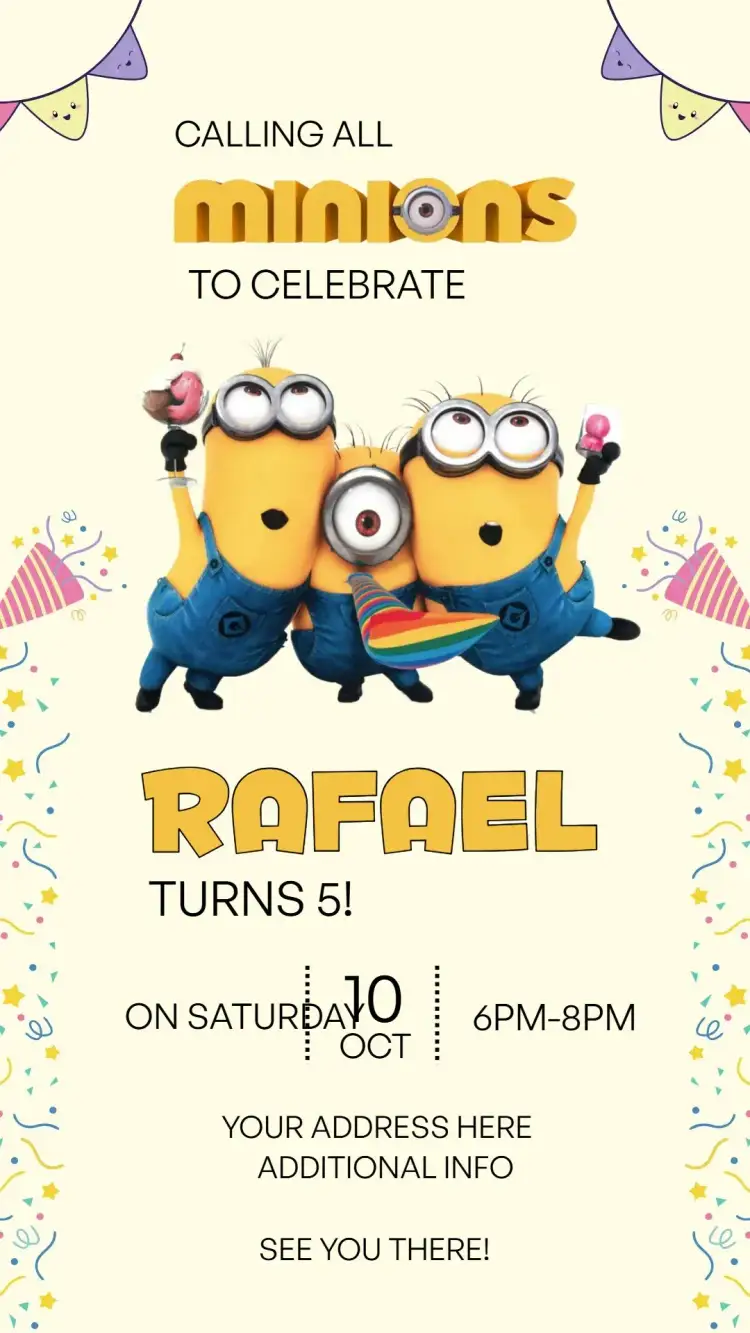 Invitation Minions – Kids' Birthday Party theme colorful, fun, themed, lively, childlike