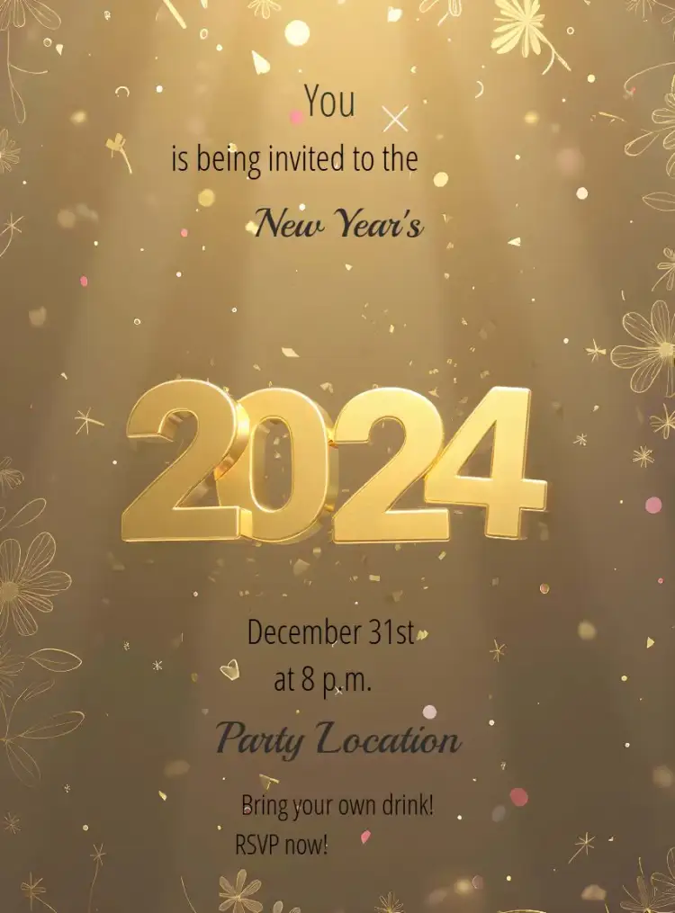 Invitation New Year's Eve 2024 New Year Party – Commemorative Dates theme golden, contemporary, festive, elegant, sparkling
