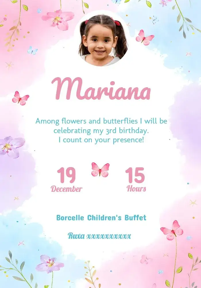 Invitation Butterfly Garden With Girl Photo – Commemorative Dates theme floral, enchanted, colorful, delicate, childlike