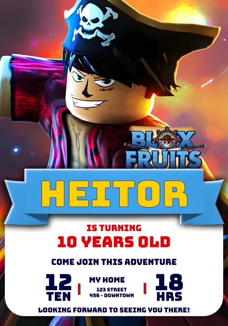 Invitation Blox Fruits Pirate – Kids' Birthday Party theme pirate, roblox, colorful, fun-filled, adventure, nautical