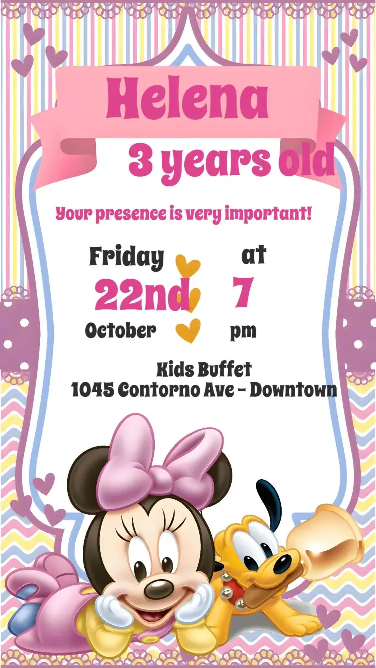 Invitation Minnie – Kids' Birthday Party theme pastel colors, playful style, Disney graphic elements, colorful design, vintage touch, enchanted party