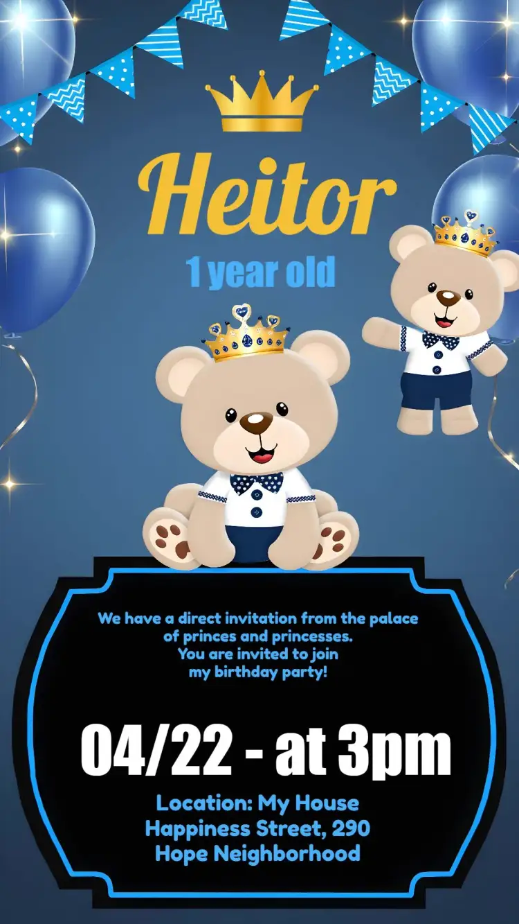 Invitation Baby Prince Bear – Commemorative Dates theme blue, golden, white, children's, cute, royalty