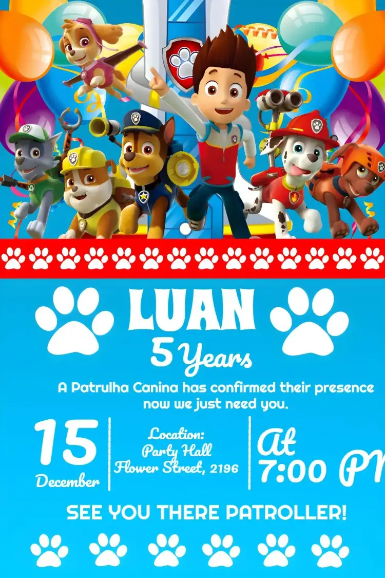 Invitation Paw Patrol Party – Kids' Birthday Party theme children's theme, vibrant colors, fun design, Paw Patrol elements, modern style, colorful illustrations