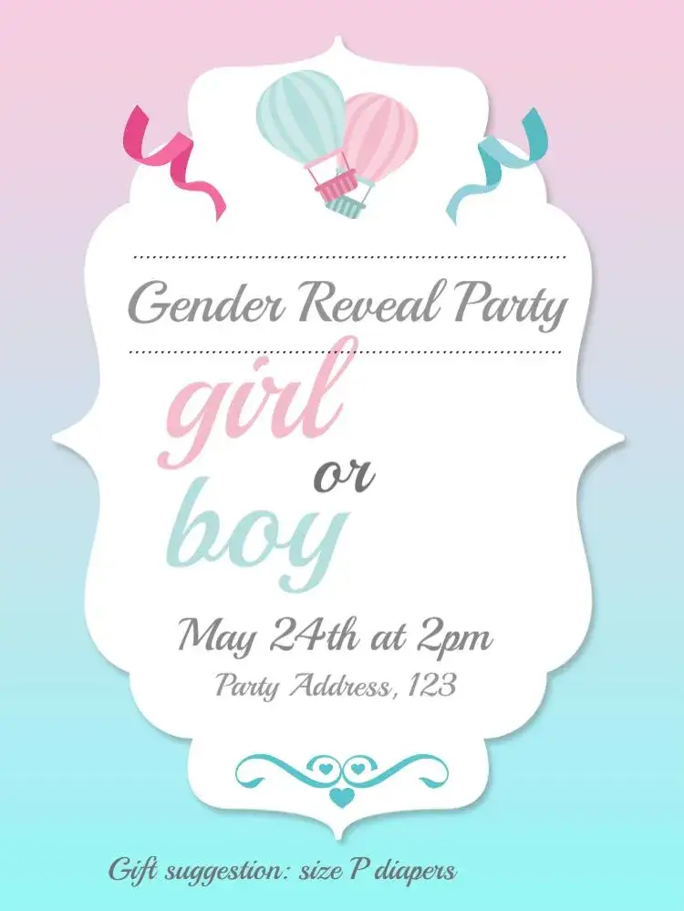 Invitation Diaper Shower Infant Gender Reveal – Gender Reveal theme pink and blue, bubbles and confetti, colorful balloons, delicate arabesques, cheerful heart