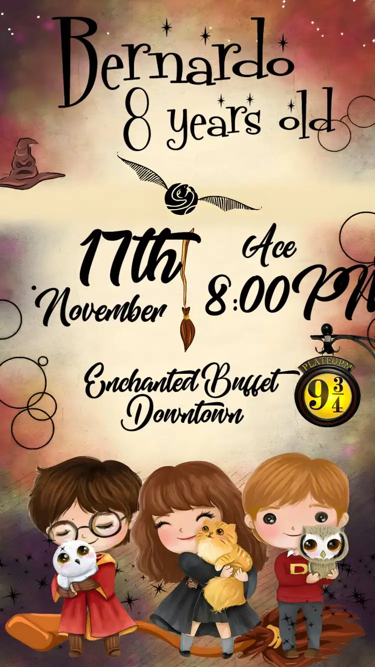 Invitation Harry Potter Hogwarts – Kids' Birthday Party theme magical, watercolor, fantasy, colorful, themed, children's