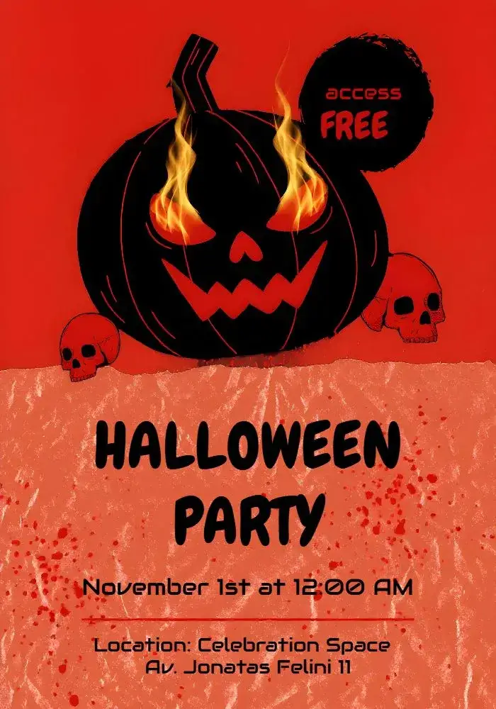 Invitation Halloween Day Party – Commemorative Dates theme orange and black colors, fun style, Halloween graphic elements, witch illustrations, festive design, fantasy touches