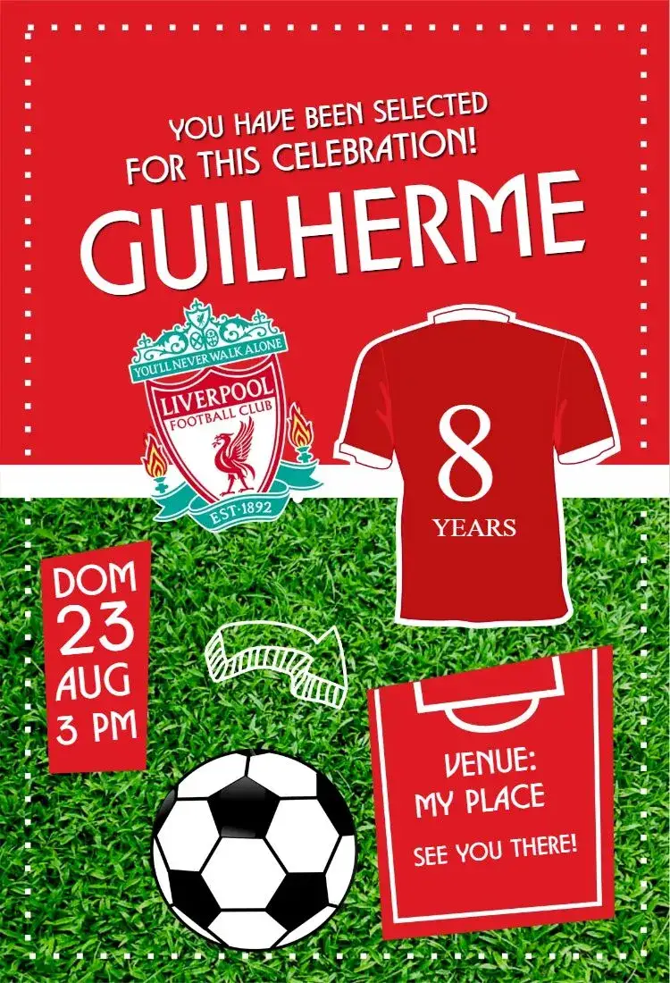 Invitation Liverpool shirt – Birthday theme red and white, modern, sporty, vibrant, fun, themed