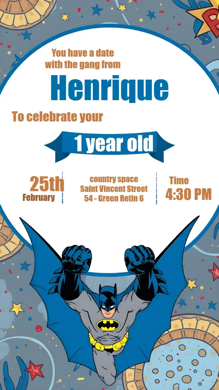Invitation Batman Dc – Kids' Birthday Party theme colorful, superheroes-themed, modern, youthful, fun, dynamic