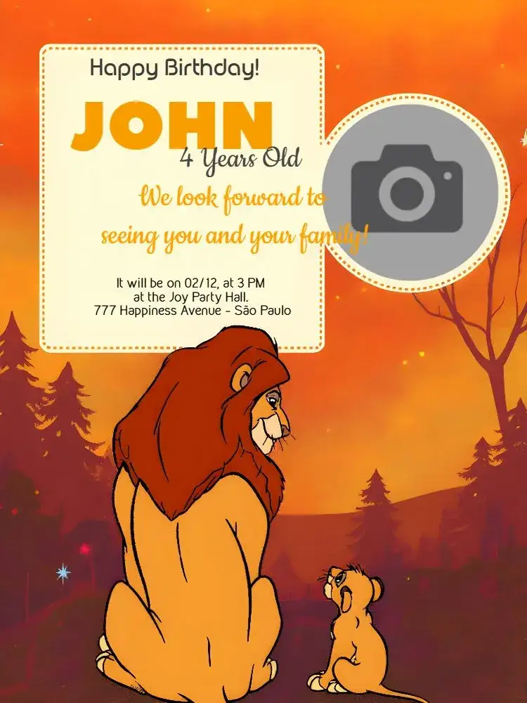 Invitation Lion King With Mufasa Photo – Kids' Birthday Party theme colorful, themed, fun illustrations, vibrant orange, childlike style, graphic elements from The Lion King
