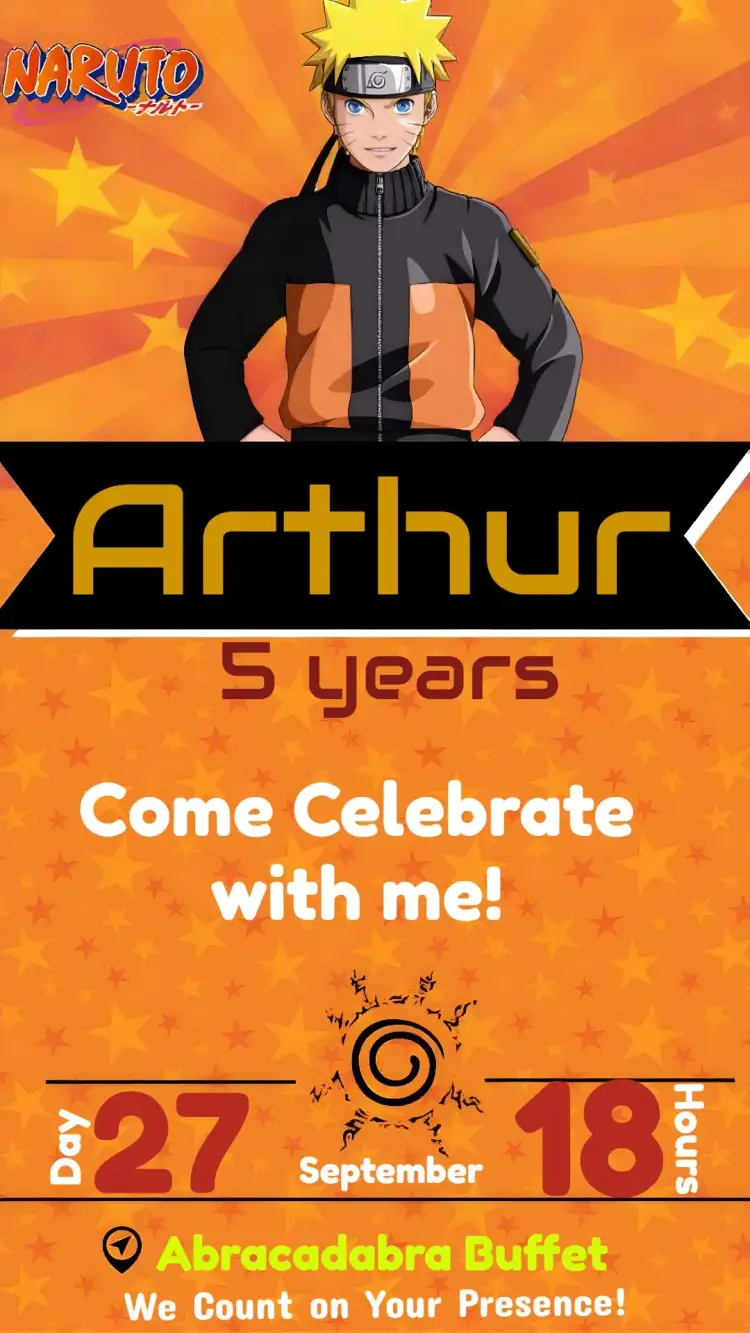 Invitation Naruto Star – Kids' Birthday Party theme anime, ninja, orange, modern, colorful, themed