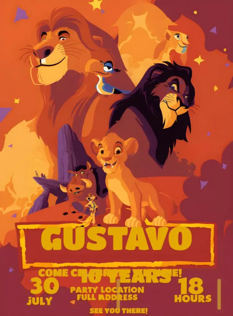 Invitation Timon Lion King – Kids' Birthday Party theme jungle, colorful, animals, fun-filled, childlike, adventure
