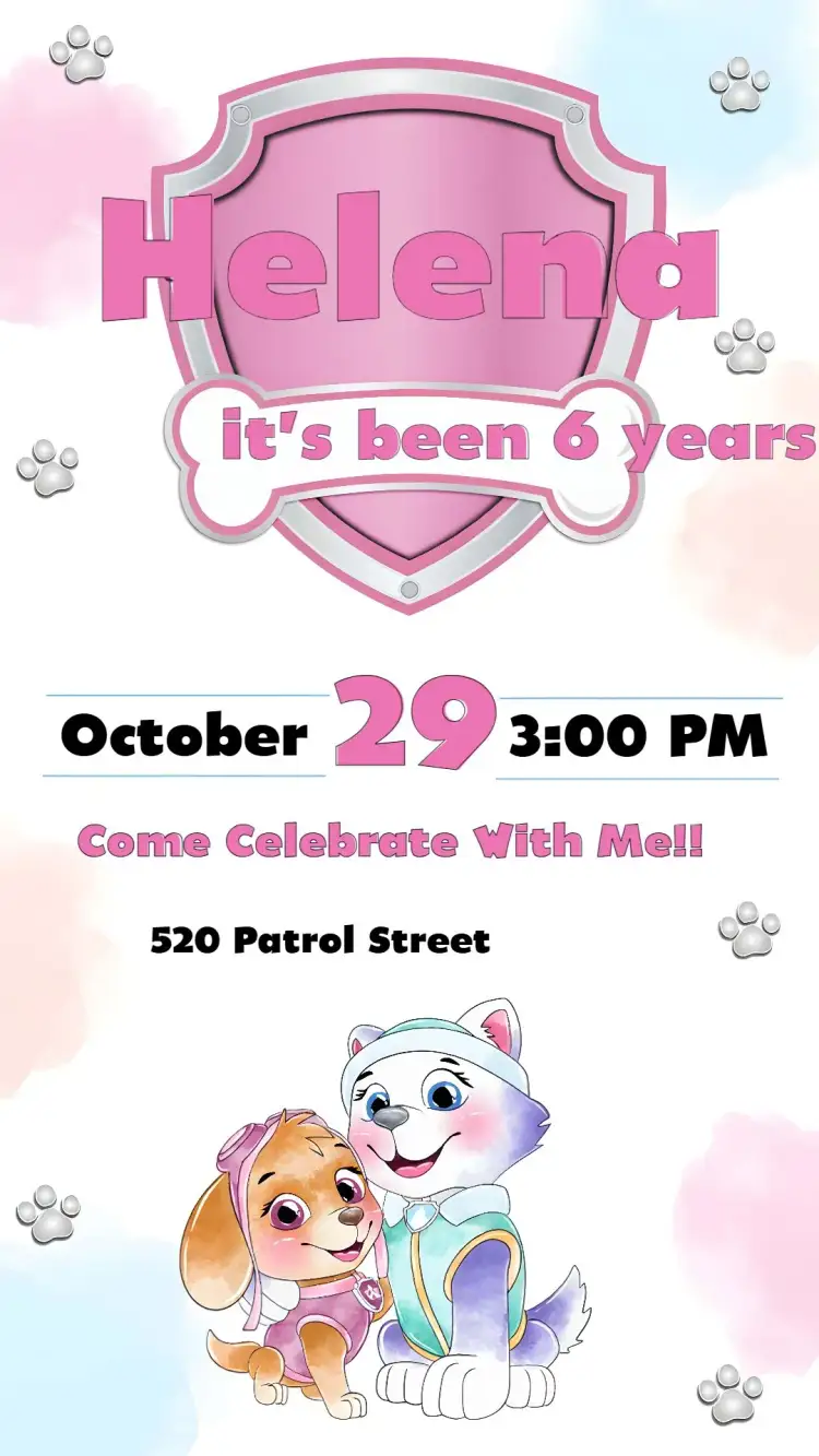 Invitation Patrulha Canina Pink Skye – Kids' Birthday Party theme pink, watercolor, children's, fun, colorful, themed