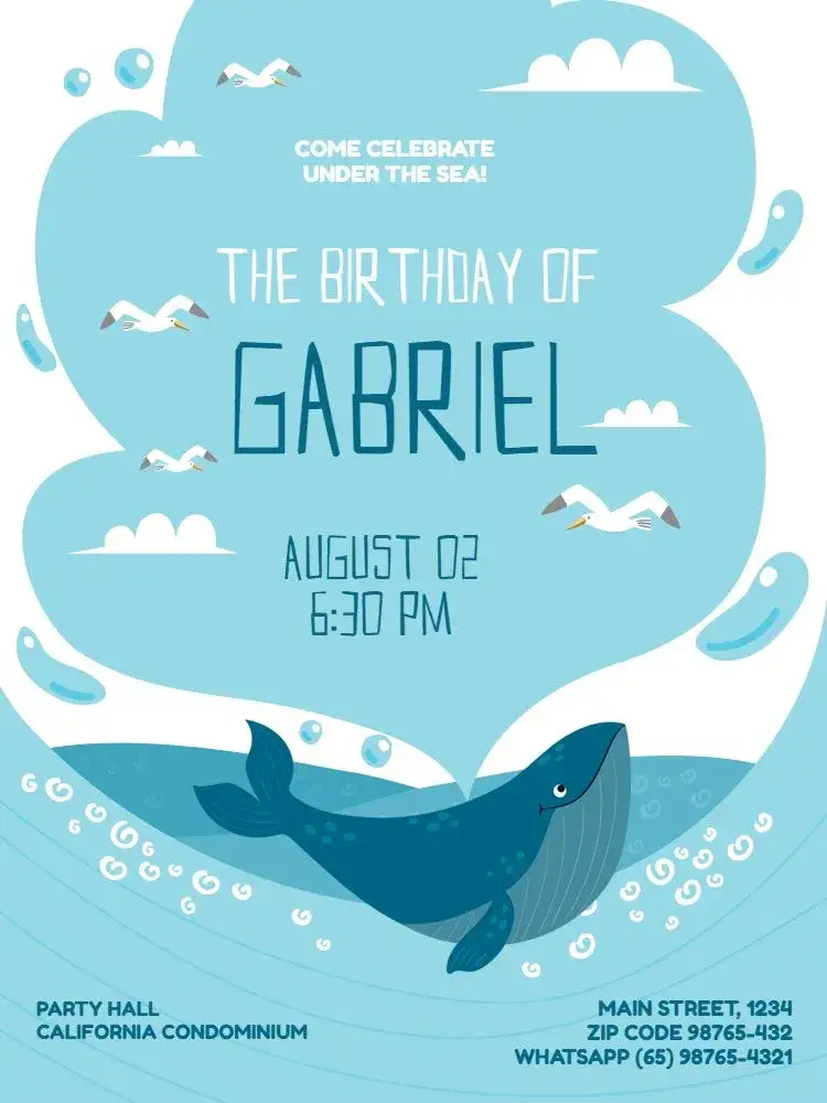 Invitation S Of Blue Whale Sea – Kids' Birthday Party theme navy blue, playful, light blue, childlike illustrations, nature-themed, aqua