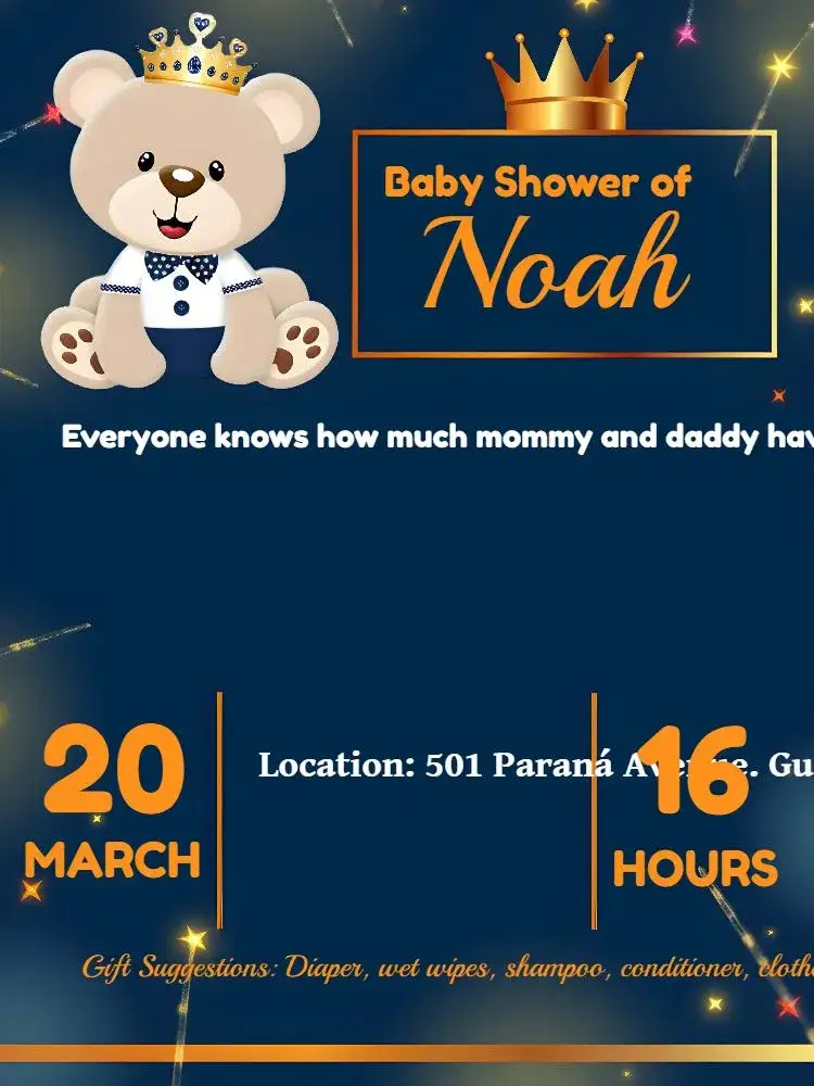 Invitation Prince Teddy Bear Baby Shower – Diaper Shower theme blue, golden, royalty, playful, cute, childlike