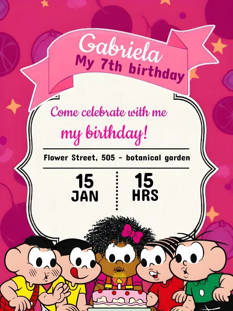 Invitation Turma Da Mônica – Kids' Birthday Party theme colorful, fun, childish, playful, lively