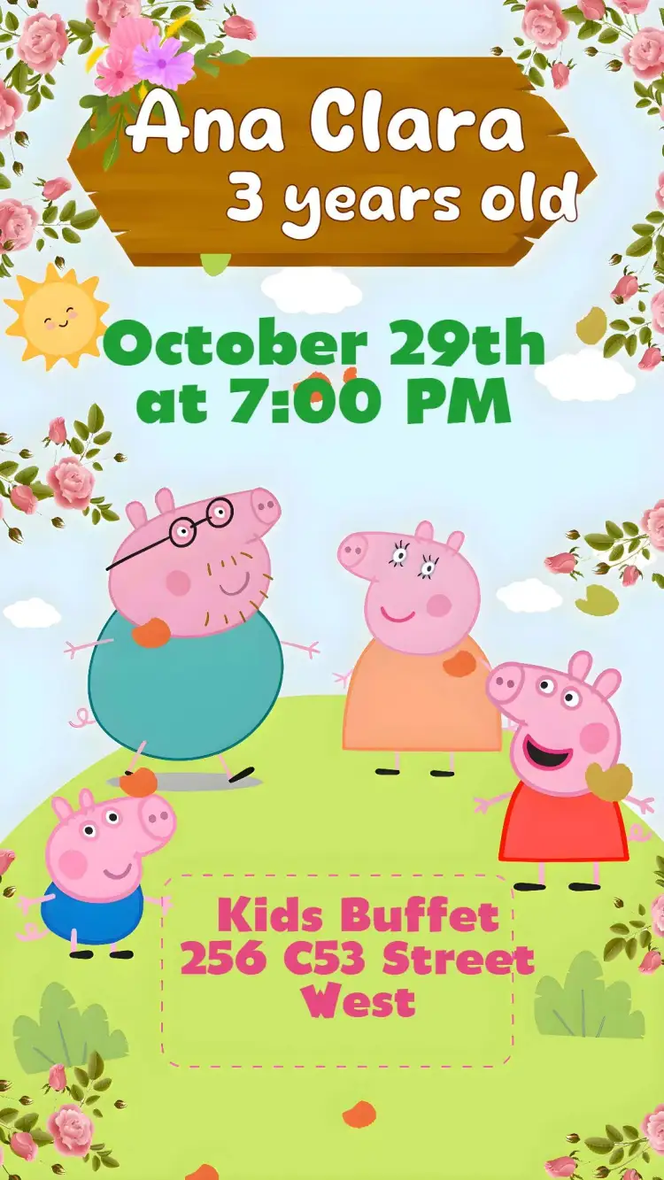 Invitation Pepa Pig – Kids' Birthday Party theme colorful, fun, childlike illustrations, cheerful phrases, cartoon style, TV theme