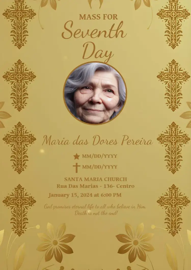 Invitation Seventh Day Mass With Golden Photo – Commemorative Dates theme golden, elegant, classic, minimalist, subtle