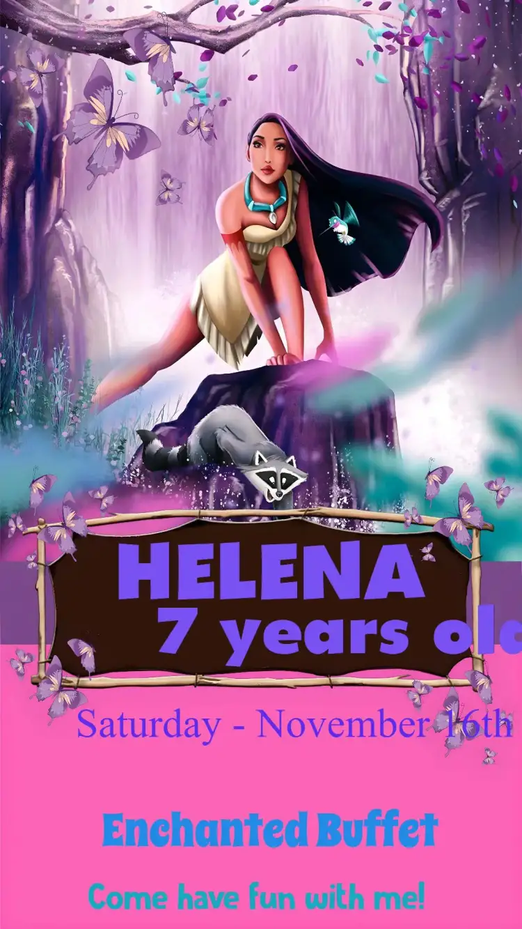 Invitation Pocahontas – Kids' Birthday Party theme natural, colorful, adventure-themed, forest graphic elements, childlike, magical