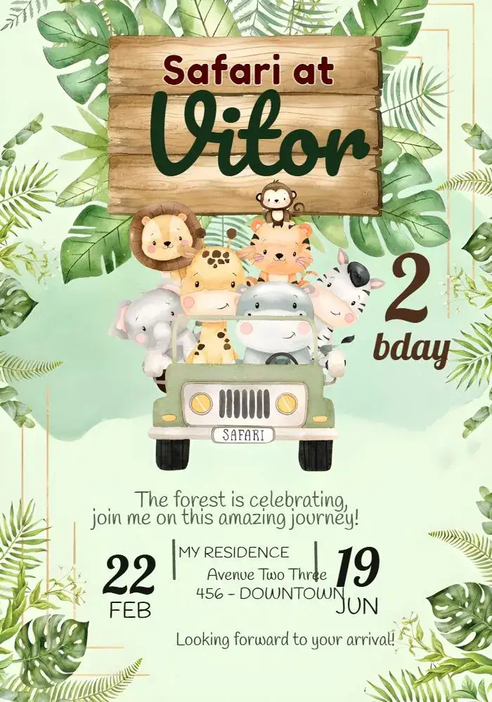 Invitation Safari Leaf – Most searched for theme safari, nature, children's, fun-filled, colorful