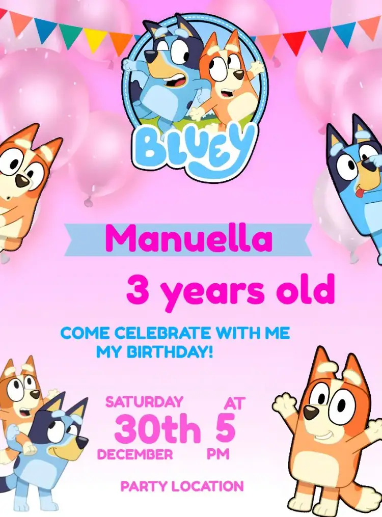 Invitation Bluey And Bingo Pink – Most searched for theme vibrant colors, playful style, fun graphic elements, pink theme, inspired by the series, childlike design