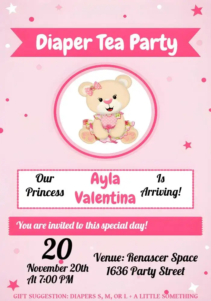 Invitation For Princess Bear Baby Shower – Diaper Shower theme soft pink, cute teddy bear, childish, delicate, festive, cheerful