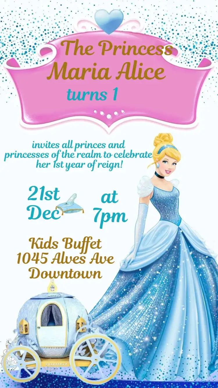 Invitation Cinderella – Kids' Birthday Party theme enchanted, princess, light blue, golden, white, magical