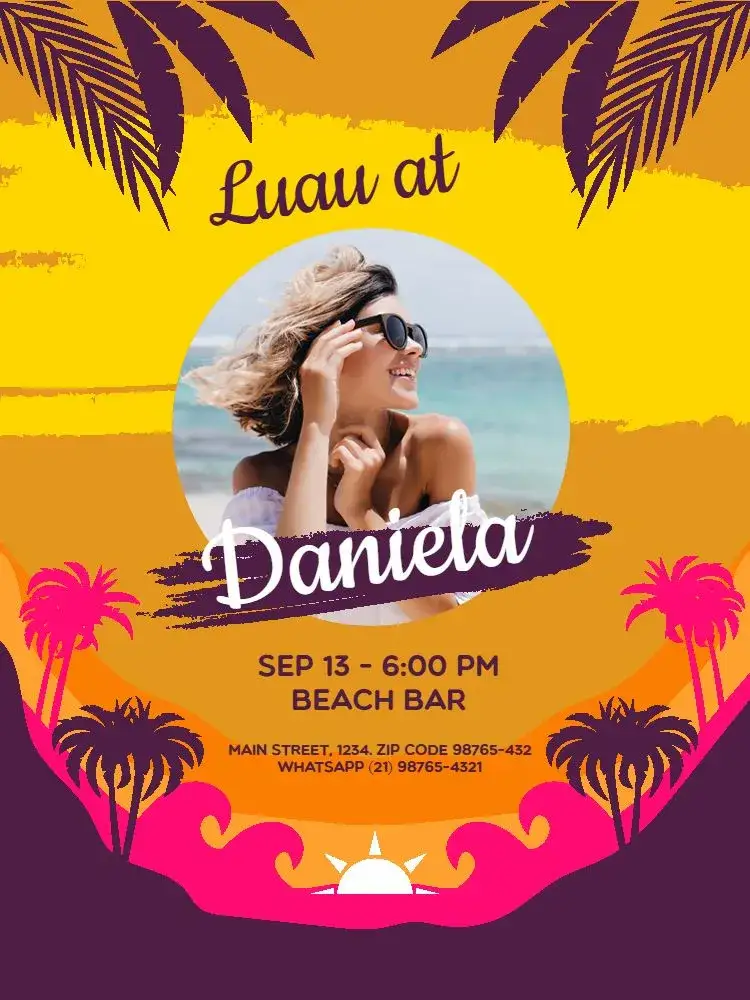 Invitation Adult Luau Party With Purple Photo – Kids' Birthday Party theme tropical, vibrant, beachy, colorful, modern