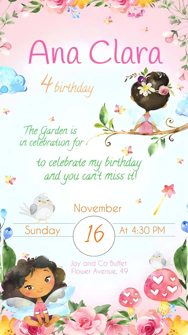 Invitation Black Watercolor Fairy Garden – Commemorative Dates theme watercolor, floral, enchanted, soft colors, magical, childlike