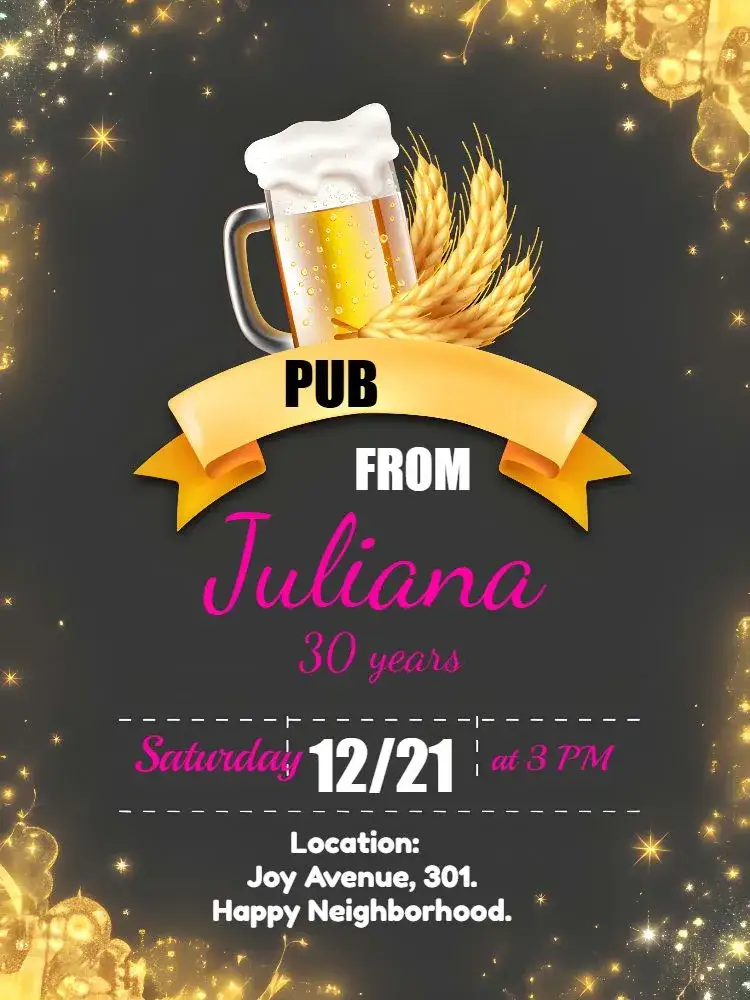 Invitation Boteco Rosa Chopp – Birthday theme vibrant pink, pub style, barbecue, beer-themed graphic elements, cheerful design, casual style