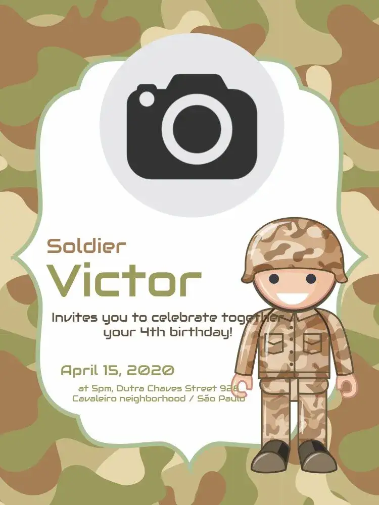 Invitation Soldier Celebration – Kids' Birthday Party theme camouflage, military, modern, colorful, fun, themed
