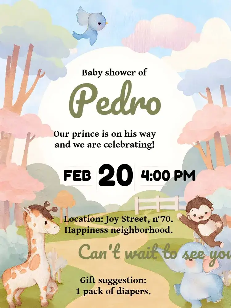 Invitation Elephant Safari Diaper Shower – Diaper Shower theme safari, aquarela, animais, verde, marrom, azul