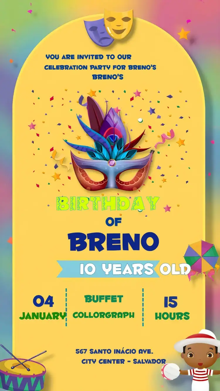 Invitation Carnival Party Folia – Commemorative Dates theme colorful, fun, tropical, playful, folkloric, vibrant