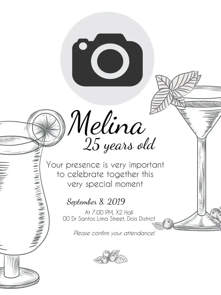 Invitation Online Cocktail – Birthday theme minimalist, sophisticated, modern, elegant, black and white