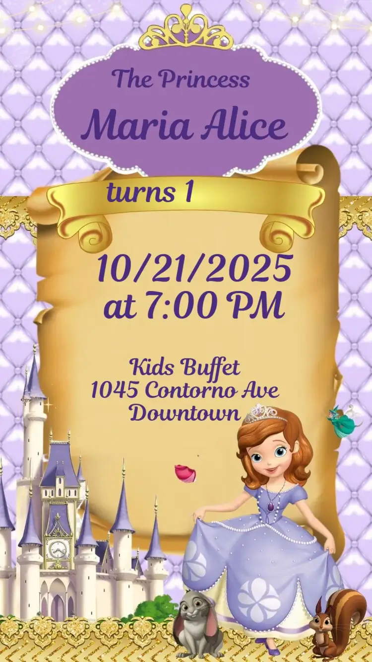 Invitation Princess Sofia – Kids' Birthday Party theme princess theme, pastel colors, sparkle and glamour, fairy tale elements, playful style, charming illustrations