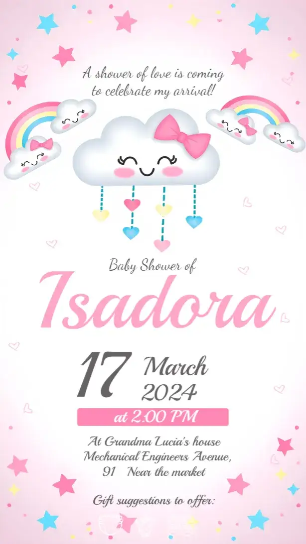 Invitation Baby Shower Rain Love Baby – Bridal Shower theme soft pink, delicate white, neutral gray, hearts, rain, modern style