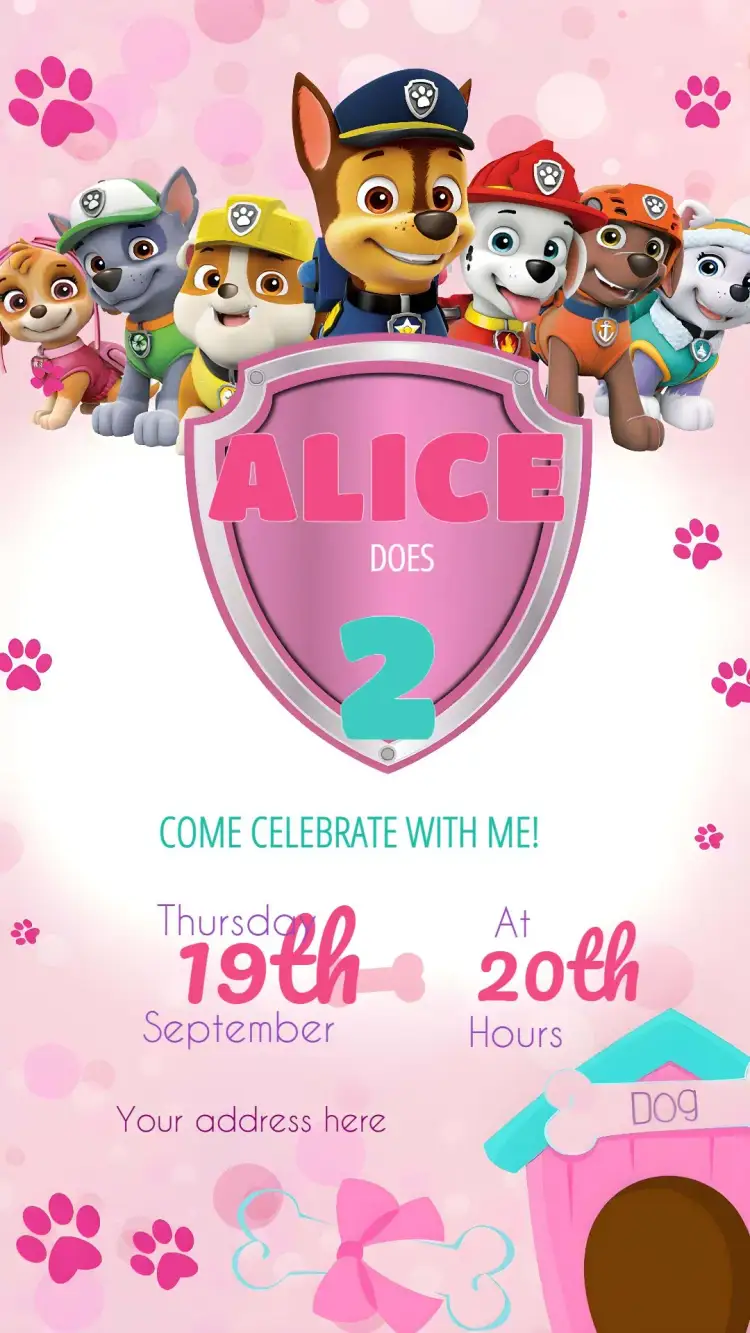 Invitation Paw Patrol Baby – Kids' Birthday Party theme pink, fun, playful, childlike, colorful