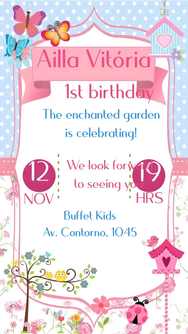 Invitation Enchanted Garden – Kids' Birthday Party theme vibrant colors, floral elements, playful illustrations, magical style, nature touches, fun design