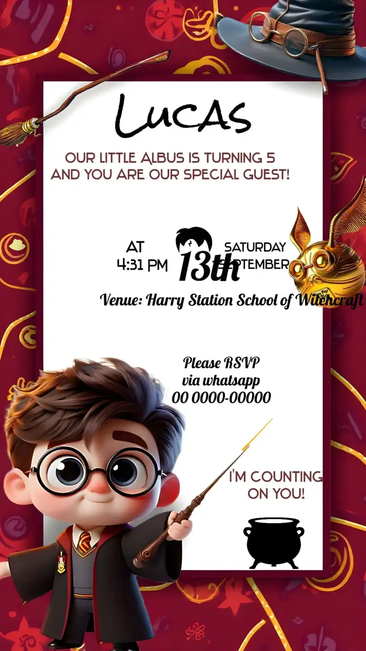 Invitation Harry Potter Red – Kids' Birthday Party theme red, golden, Harry Potter themed, magical, fantasy, youthful