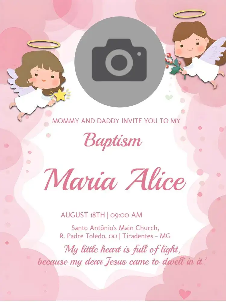 Invitation Baptism With Church Photo – Baptism theme delicate, angels, flowers, soft pink, modern, photographic
