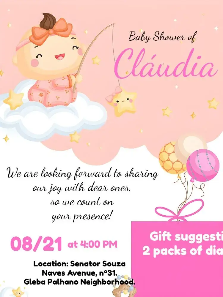 Invitation Baby Shower Girl Pink – Diaper Shower theme soft pink, fluffy clouds, playful style, party elements, colorful balloons, delicate touch