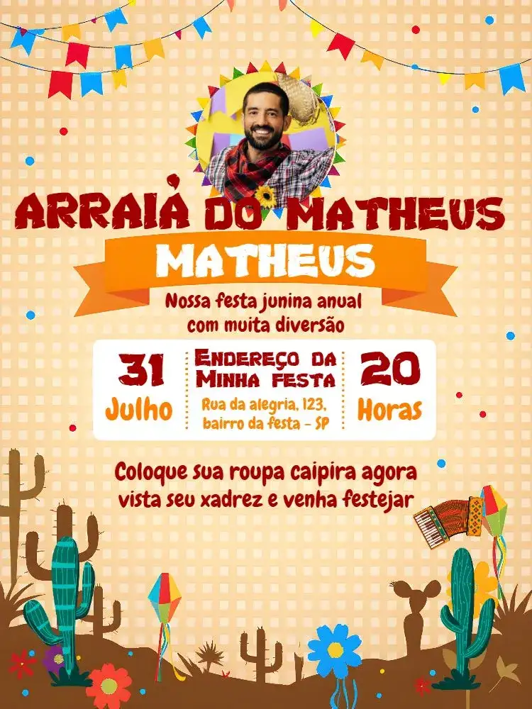 Invitation Junina Party Arraiá With Colorful Photo – Commemorative Dates theme colorful, traditional, vibrant, festive, rustic, cheerful