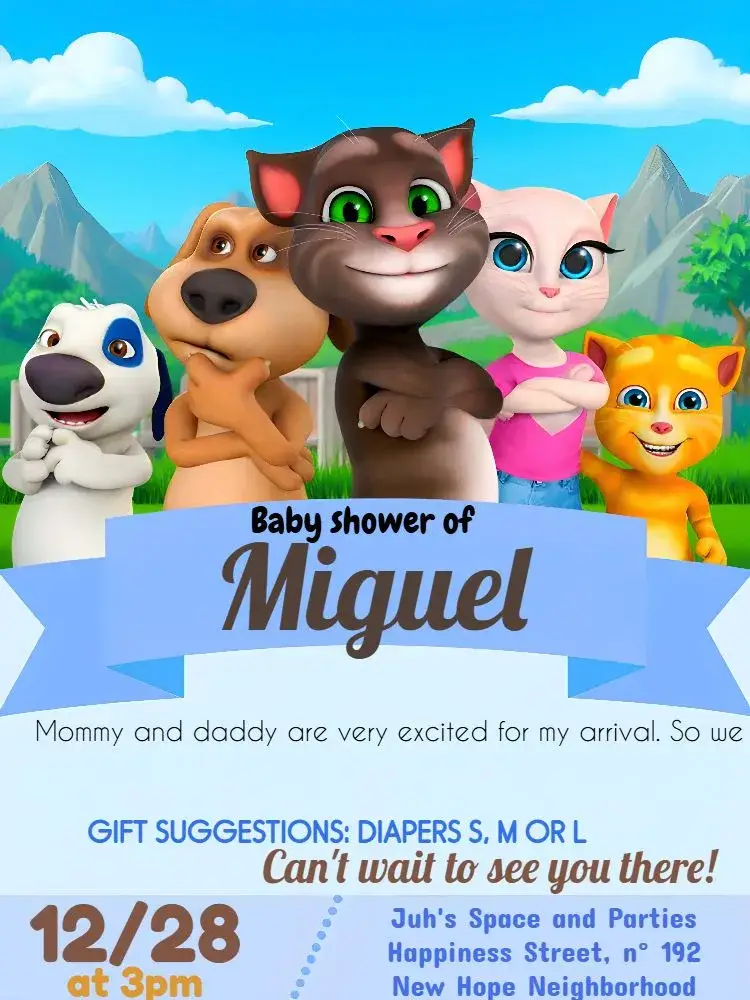 Talking Tom White Diaper Shower invitation