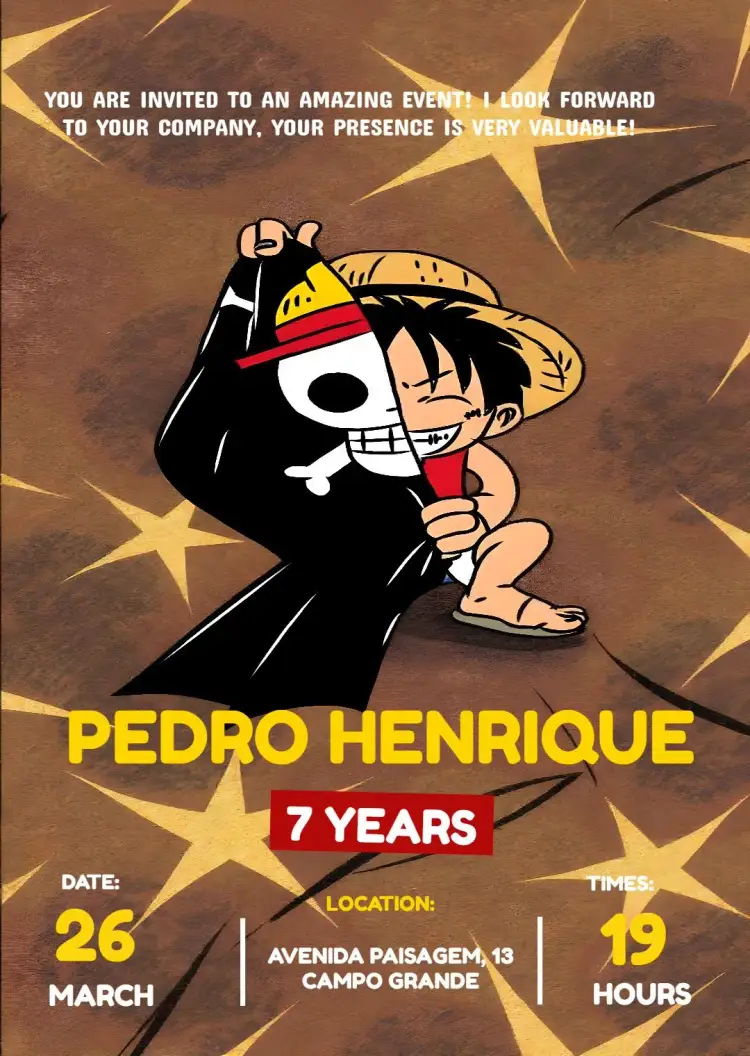 Invitation One Piece Kids Black Luffy – Kids' Birthday Party theme themed, colorful, anime, modern, fun, youthful