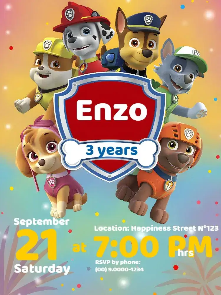 Invitation Blue Paw Patrol – Kids' Birthday Party theme vibrant blue, cheerful red, childish style, fun graphic elements, dog illustrations, adventure theme