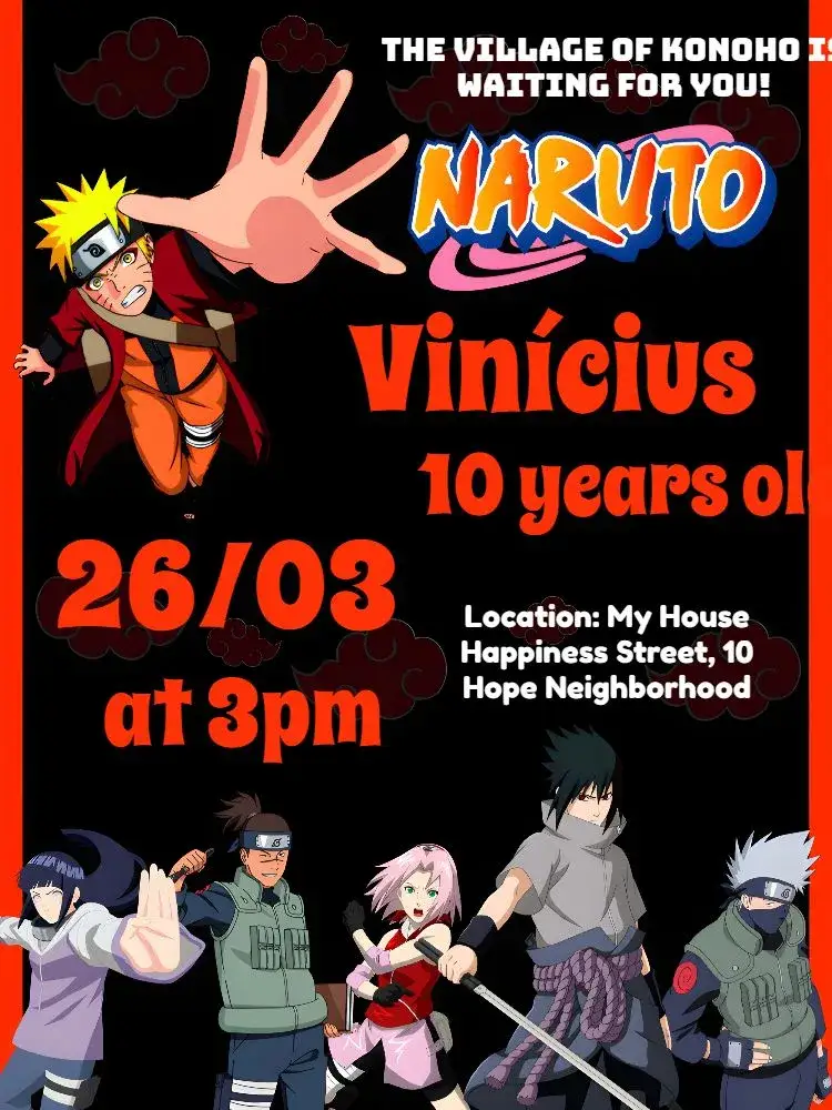 Invitation Black Naruto – Kids' Birthday Party theme anime, ninja theme, vibrant colors, modern, character illustrations, urban style