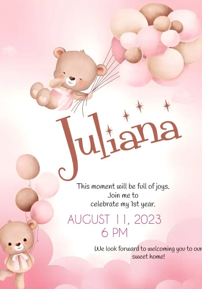 Invitation Pink Clouds Little Bear – Commemorative Dates theme pink, white, black, clouds, balloons, playful